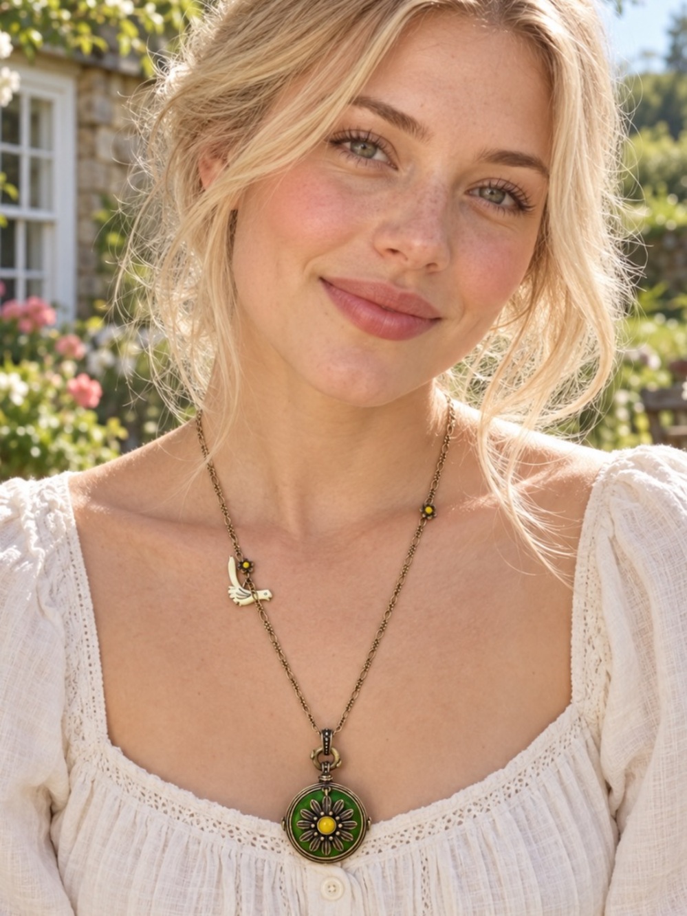 Green Daisy Pendant Necklace Bird Charm Gold Tone 21” Boho Cottagecore Floral